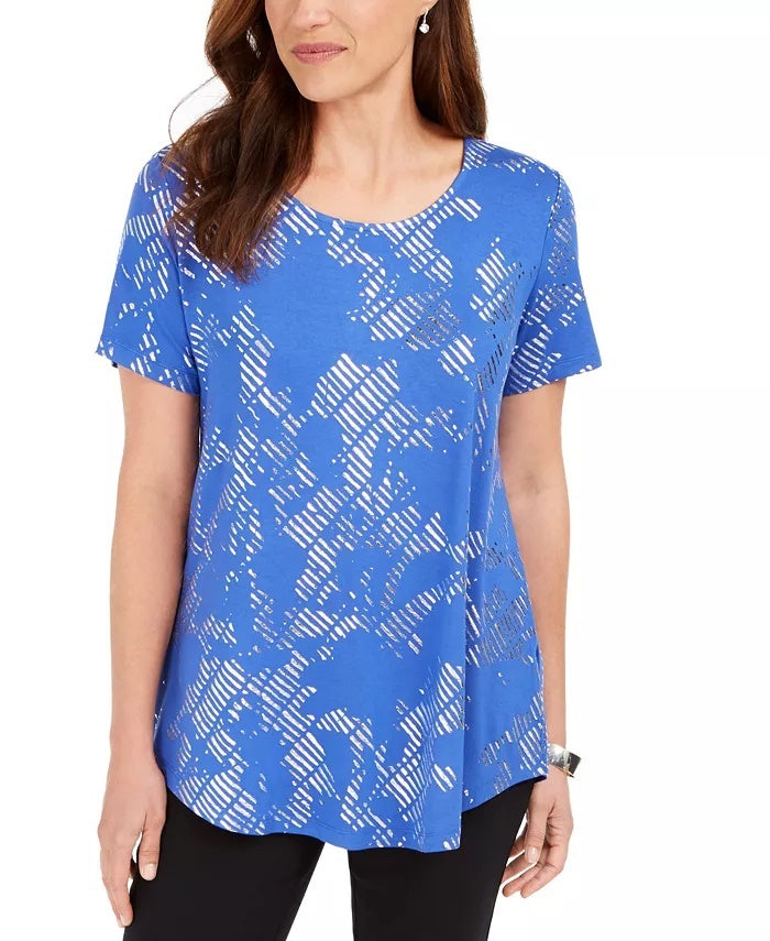 Camiseta feminina de manga curta com estampa metálica JM Collection, azul, tamanho pequeno