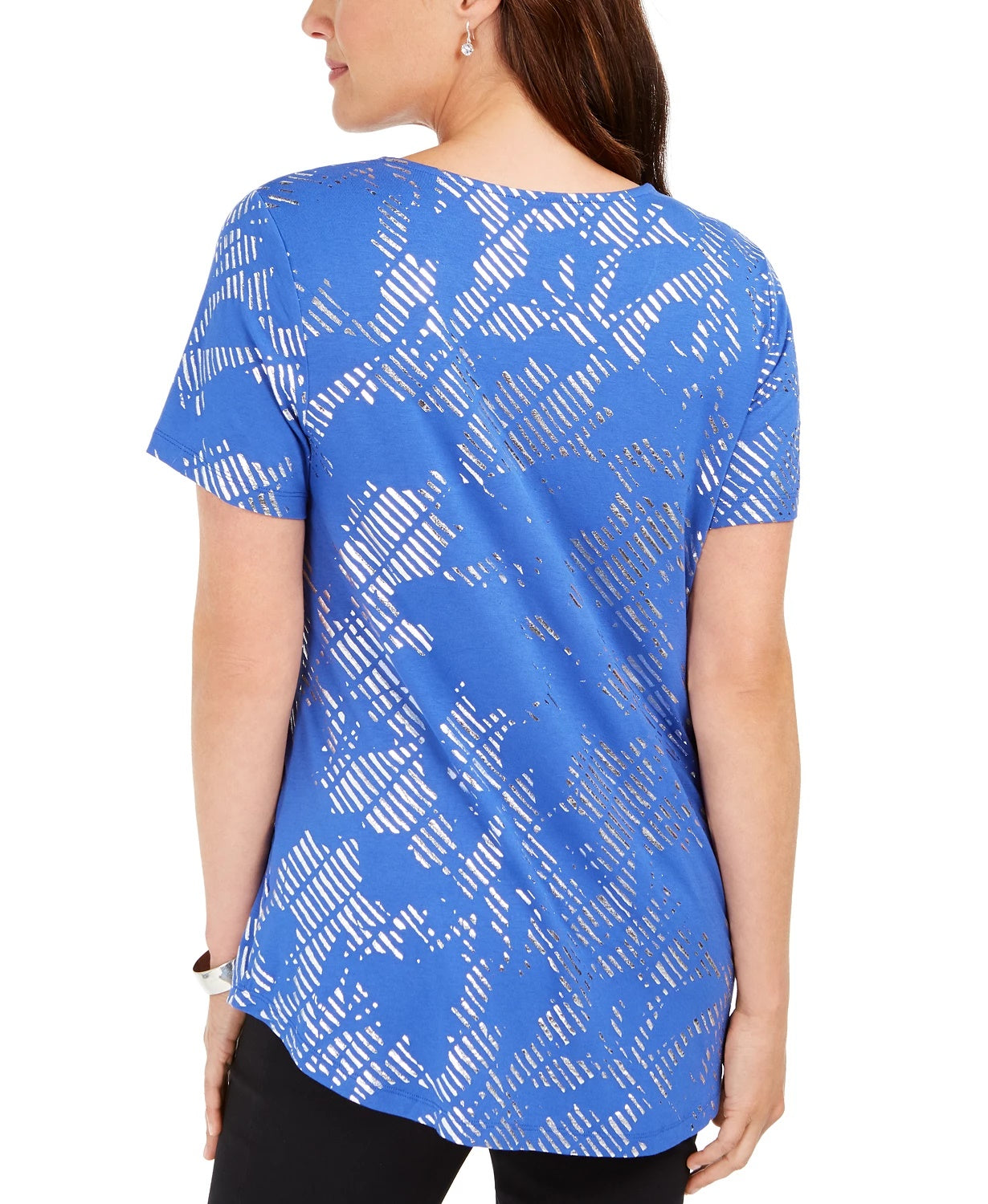 Camiseta feminina de manga curta com estampa metálica JM Collection, azul, tamanho pequeno