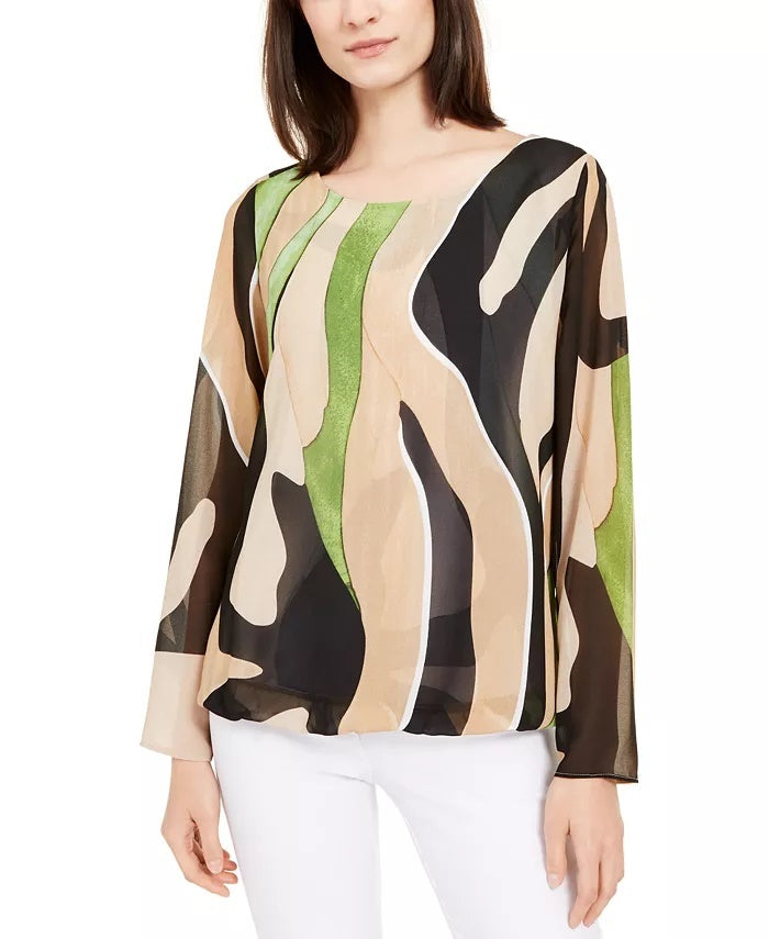 Blusa feminina Alfani Petite com estampa de anjo e manga comprida, bege-cáqui, tamanho pequeno