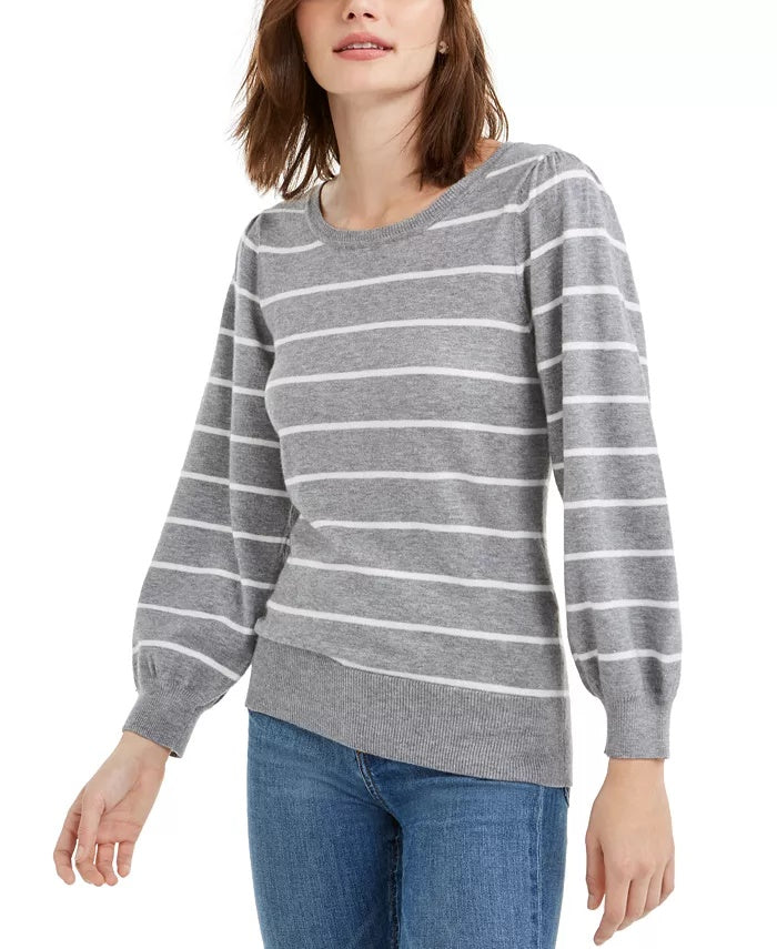 Suéter listrado feminino Maison Jules com manga bufante, cinza, tamanho X-S
