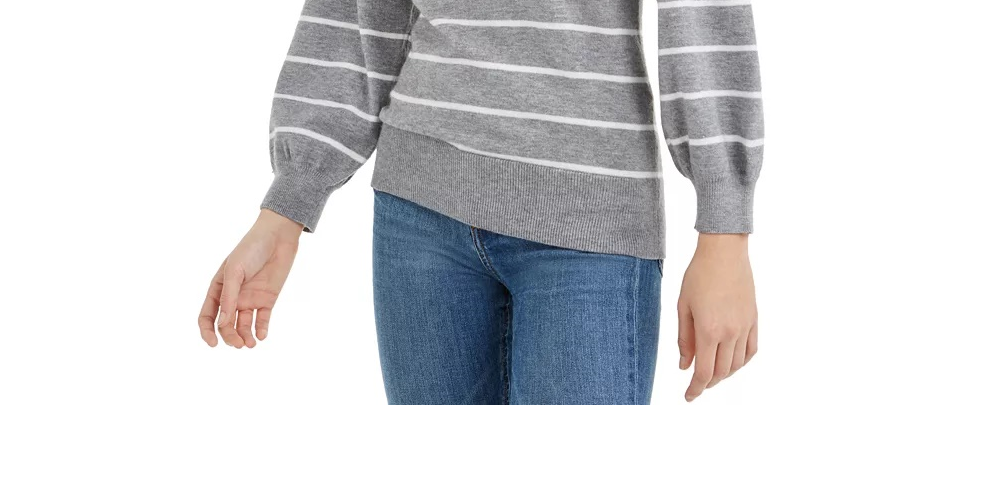 Suéter listrado feminino Maison Jules com manga bufante, cinza, tamanho X-S