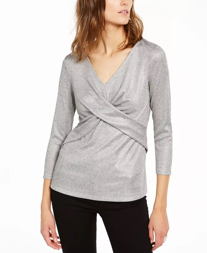 INC International Concepts Top feminino Criss Cross Shine prateado tamanho XX-G