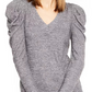Blusa de malha feminina com decote em V e manga bufante, cinza, tamanho extragrande, da INC International Concepts