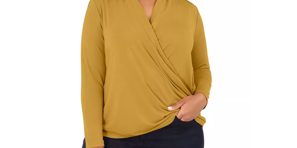 INC International Concepts Top feminino plus size com sobrepeliz frontal laranja brilhante tamanho 1X