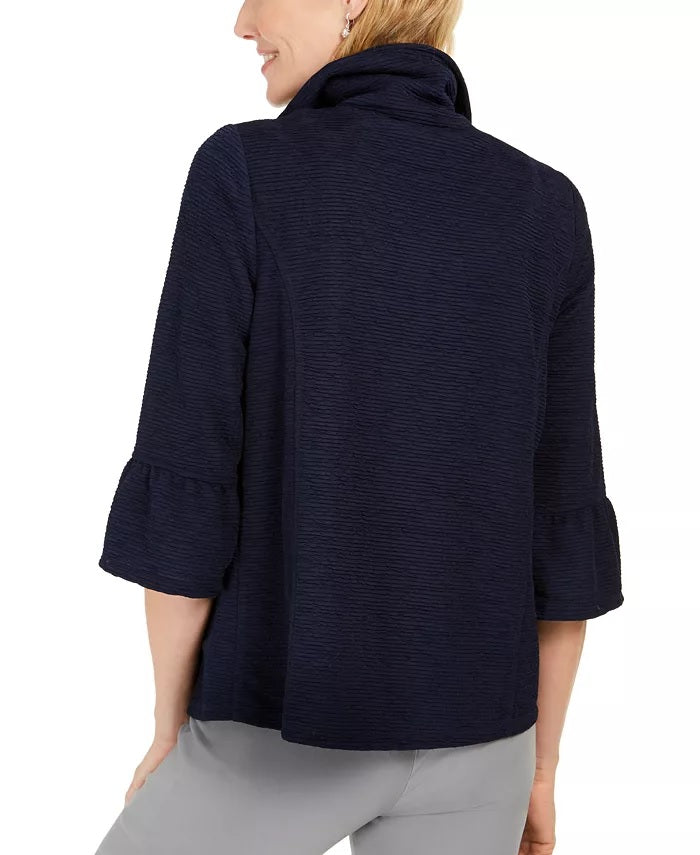 Jaqueta feminina texturizada com manga sino da coleção JM, azul, tamanho pequeno