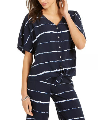 Blusa feminina listrada com tie-dye e amarração frontal, tamanho grande, azul-marinho, estilo &amp; co