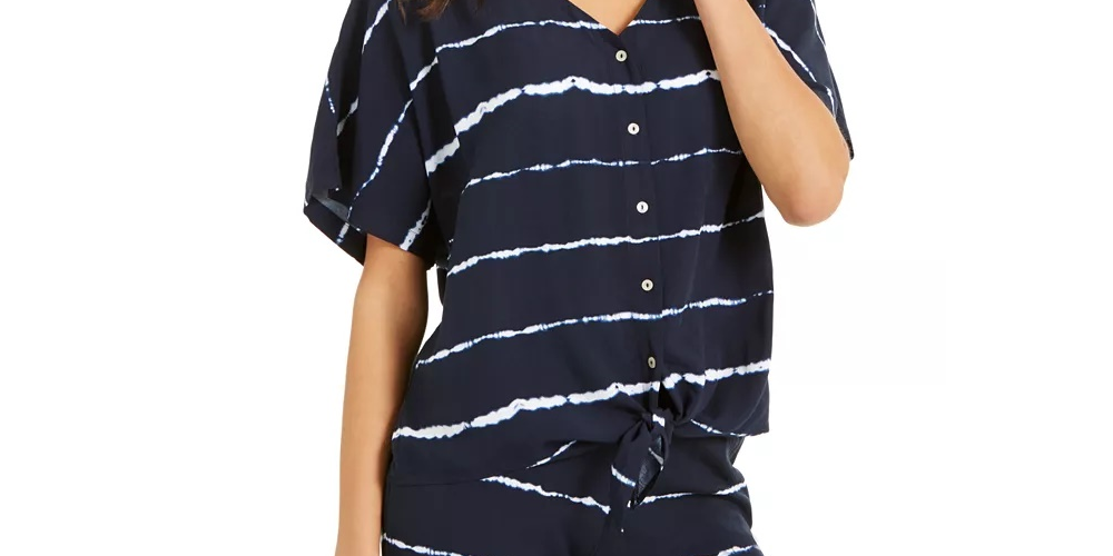 Blusa feminina listrada com tie-dye e amarração frontal, tamanho grande, azul-marinho, estilo &amp; co