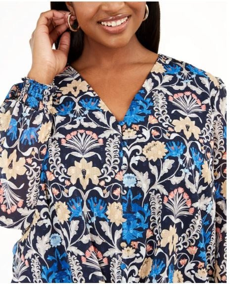 Blusa feminina plus size com botões e estampa floral, azul-turquesa, tamanho 2X, da INC International Concepts