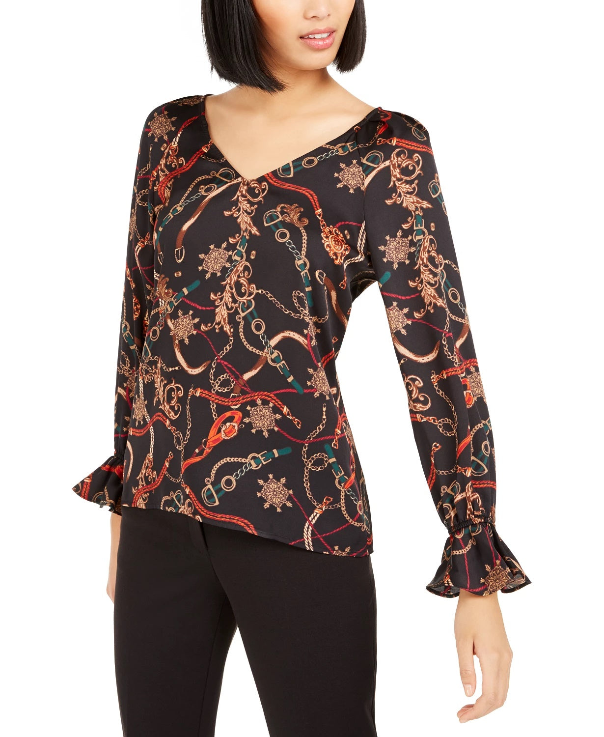 Blusa feminina Bar III com decote em V estampado, cor carvão, tamanho grande