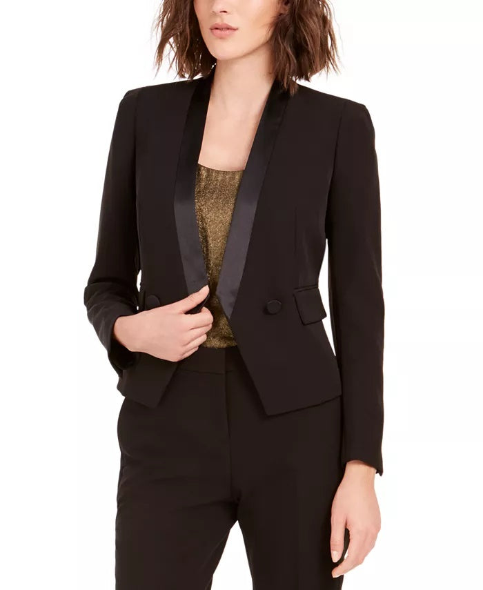Blazer feminino Bar III, smoking, acabamento em cetim, frente aberta, abotoamento duplo, preto, tamanho 12