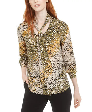 Blusa feminina estampada com amarração no pescoço Bar III, verde escuro, tamanho médio