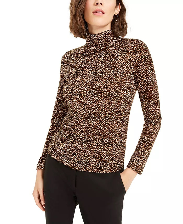 Blusa feminina de gola alta com estampa animal Bar III, marrom, tamanho pequeno