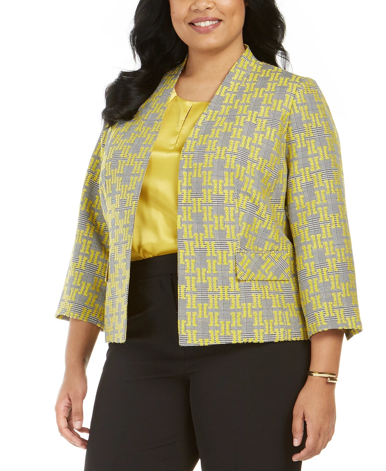Jaqueta xadrez jacquard feminina Kasper, tamanho médio, amarela, 16W
