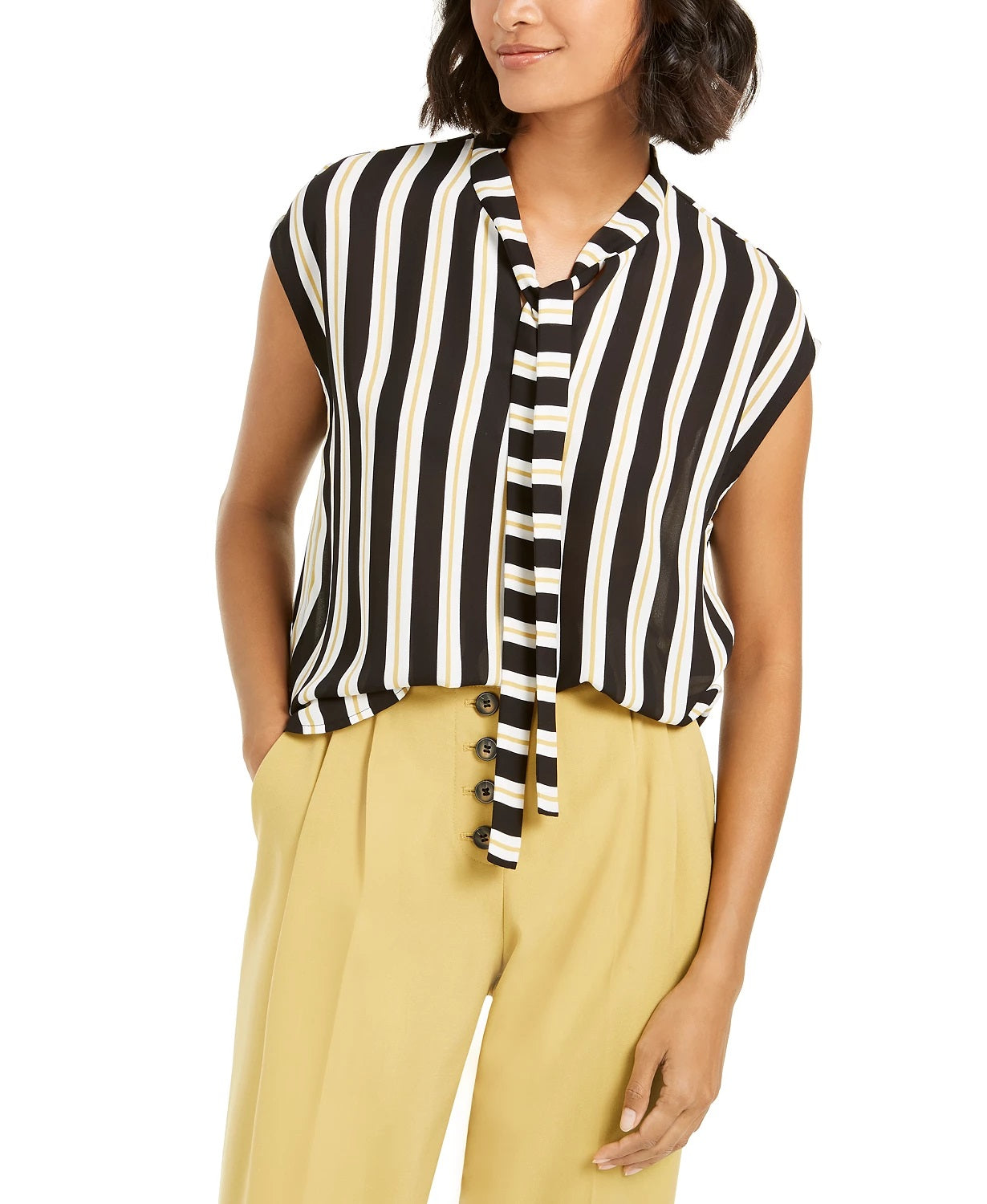 Blusa listrada feminina Bar III com decote em V e manga curta, preta, tamanho P