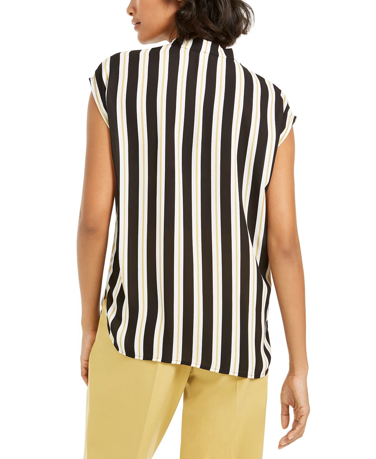 Blusa listrada feminina Bar III com decote em V e manga curta, preta, tamanho P