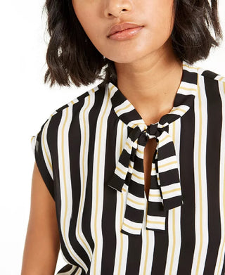 Blusa listrada feminina Bar III com decote em V e amarração, preta, tamanho X-G