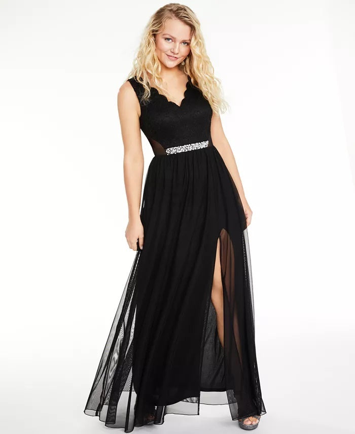Vestido de festa infantil BCX Junior com renda e malha brilhante, preto, tamanho 13