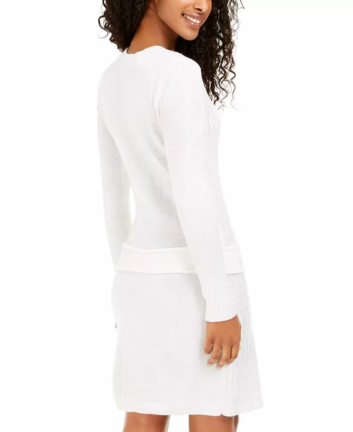 Vestido suéter de tricô trançado com aba e botões BCX Junior, branco, tamanho extragrande