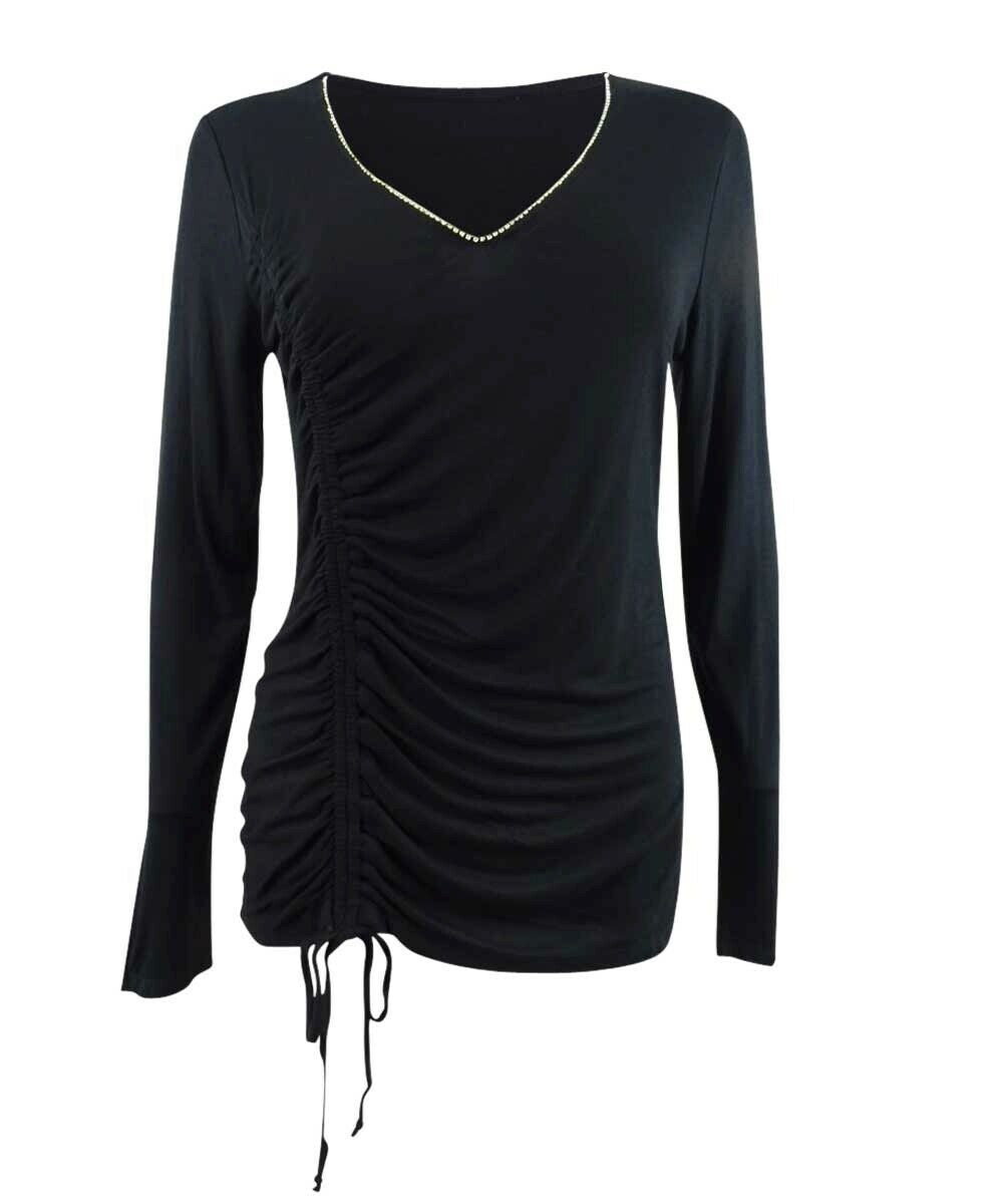 Thalia Sodi Top Feminino Cinch-Front com Strass Preto Tamanho Grande