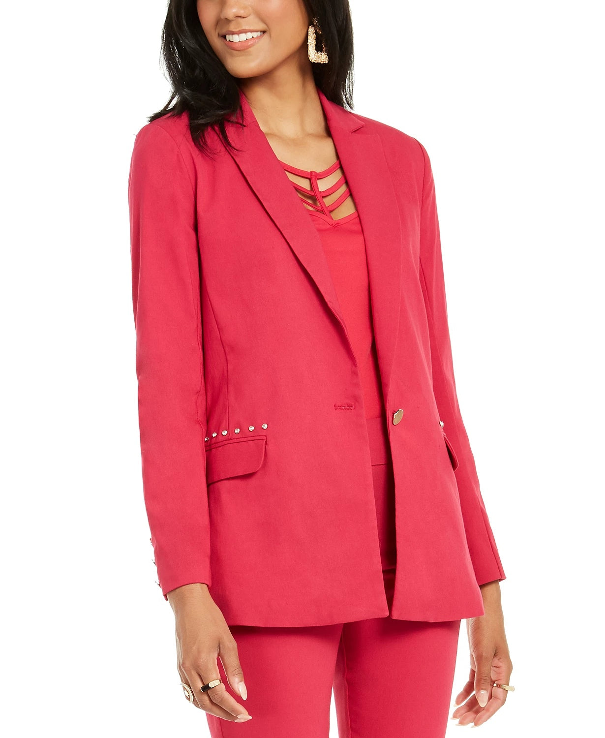 Blazer feminino Thalia Sodi com bolsos cravejados, rosa, tamanho extragrande