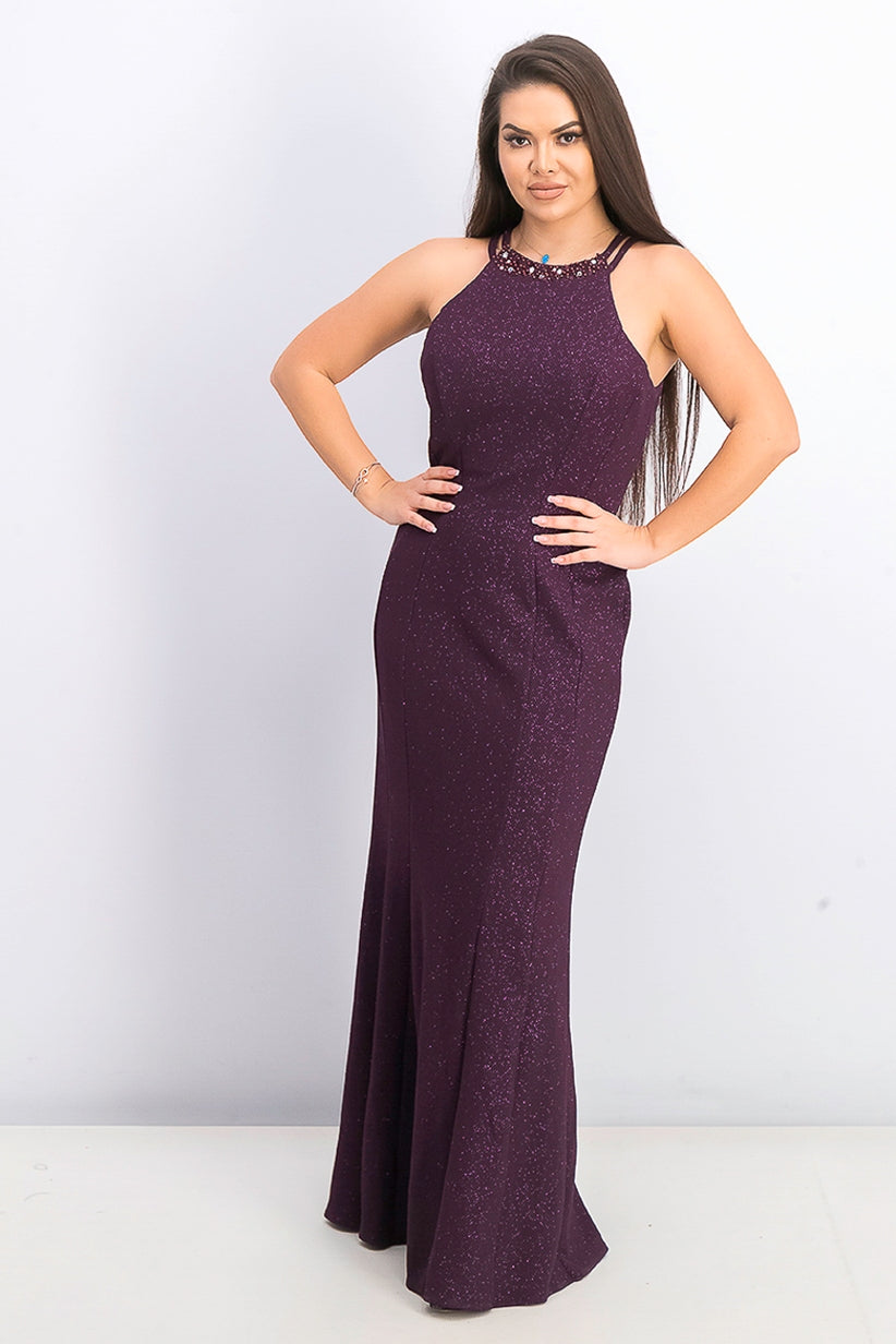 Vestido de malha brilhante feminino Nightway, roxo escuro, tamanho 8