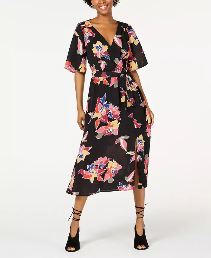 Vestido midi falso cruzado Trixxi Junior, preto, tamanho extrapequeno