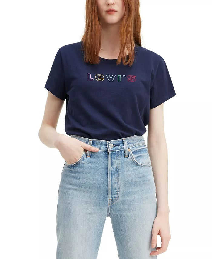 Camiseta Levi's Feminina de Algodão com Logotipo Arco-Íris e Estampa Azul Marinho, Tamanho P