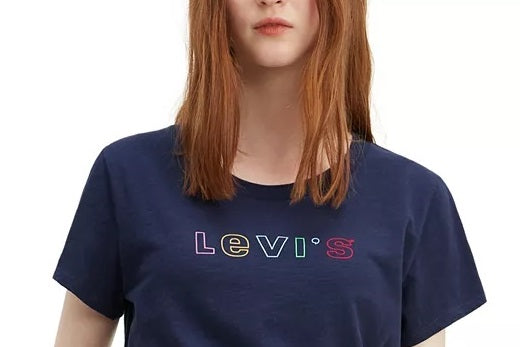 Camiseta Levi's Feminina de Algodão com Logotipo Arco-Íris e Estampa Azul Marinho, Tamanho P