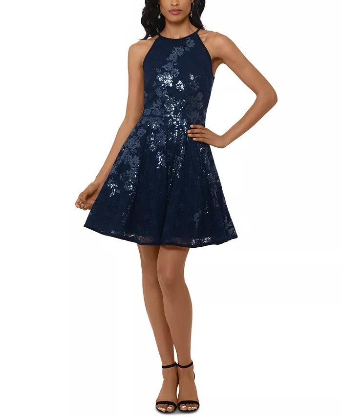 Vestido feminino Xscape com lantejoulas florais e renda, tamanho azul, tamanho 6