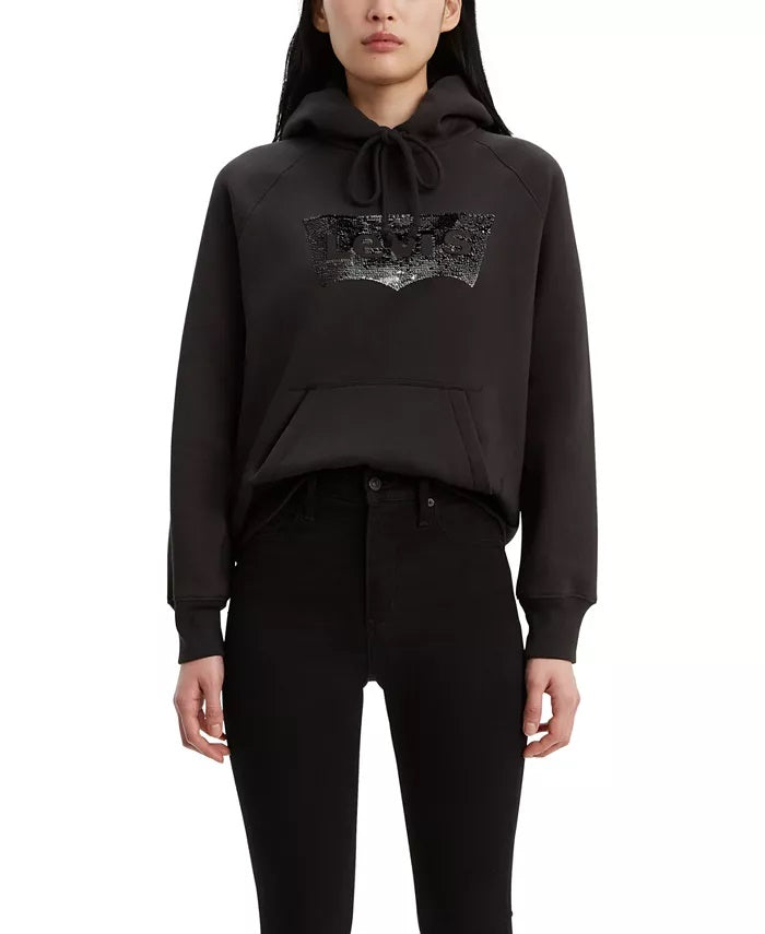 Moletom com capuz esportivo feminino Levi's com estampa de lantejoulas, preto, tamanho grande
