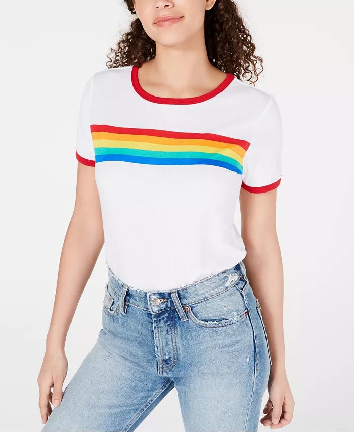 Camiseta com estampa de listras arco-íris Love Tribe Juniors, tamanho grande, branca