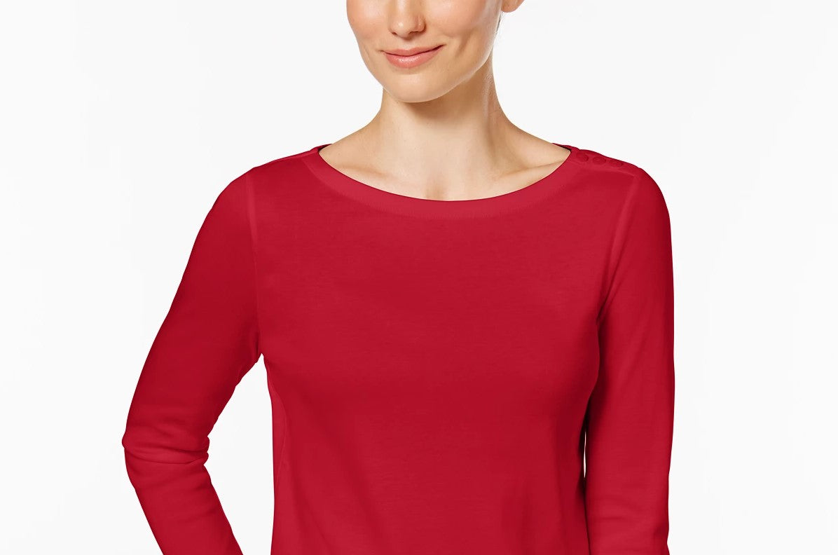 Charter Club Petite Pima Cotton Top com botões e ombros de fora, tamanho pequeno, vermelho
