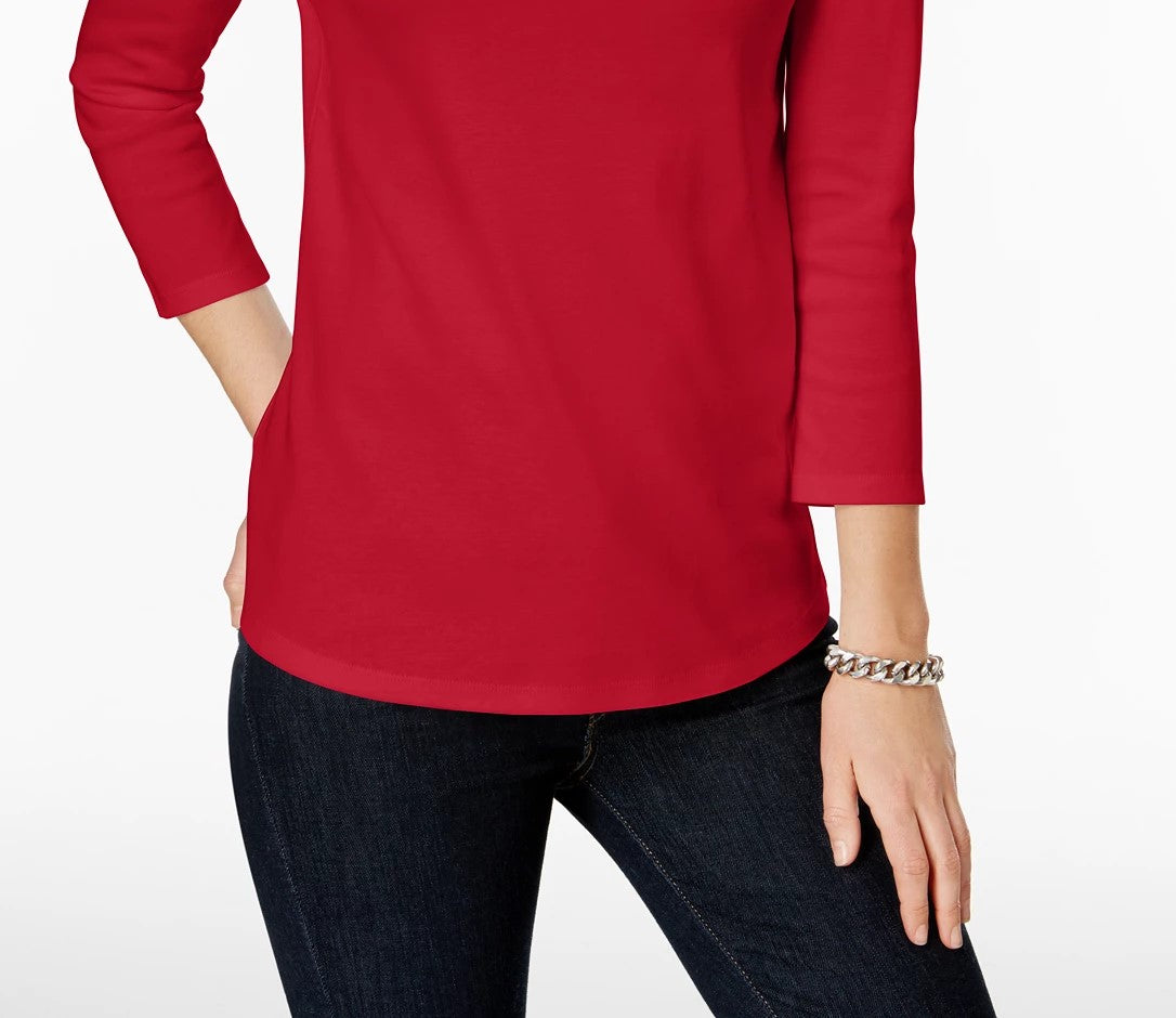 Charter Club Petite Pima Cotton Top com botões e ombros de fora, tamanho pequeno, vermelho