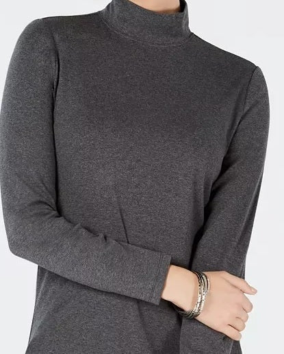 Camiseta feminina Charter Club de algodão com gola alta, cinza escuro, tamanho pequeno