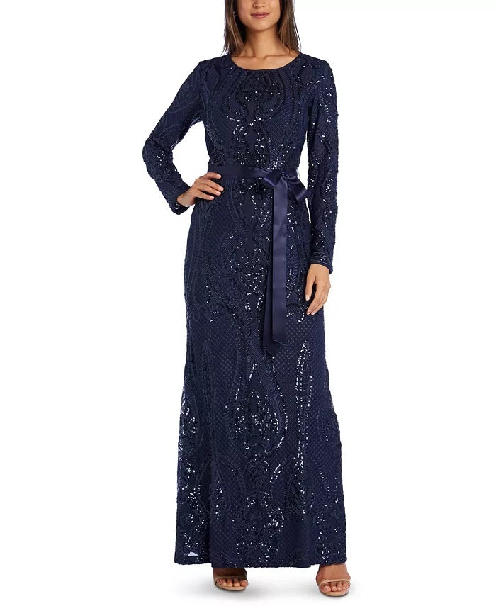 Vestido feminino R &amp; M Richards com lantejoulas e costas abertas, azul-marinho, tamanho 8, pequeno