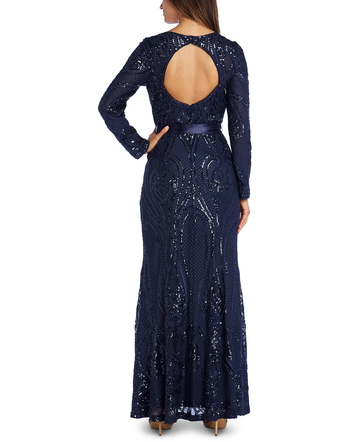 Vestido feminino R &amp; M Richards com lantejoulas e costas abertas, azul-marinho, tamanho 8, pequeno
