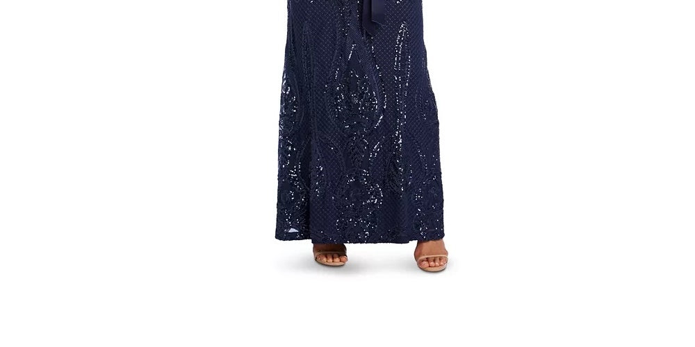 Vestido feminino R &amp; M Richards com lantejoulas e costas abertas, azul-marinho, tamanho 8, pequeno