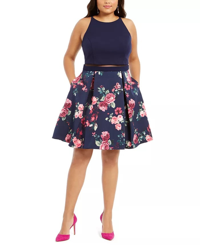 Vestido feminino B Darlin Plus Size com estampa floral Illusion Fit &amp; Flare, azul marinho, tamanho 20