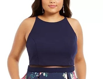 Vestido feminino B Darlin Plus Size com estampa floral Illusion Fit &amp; Flare, azul marinho, tamanho 20