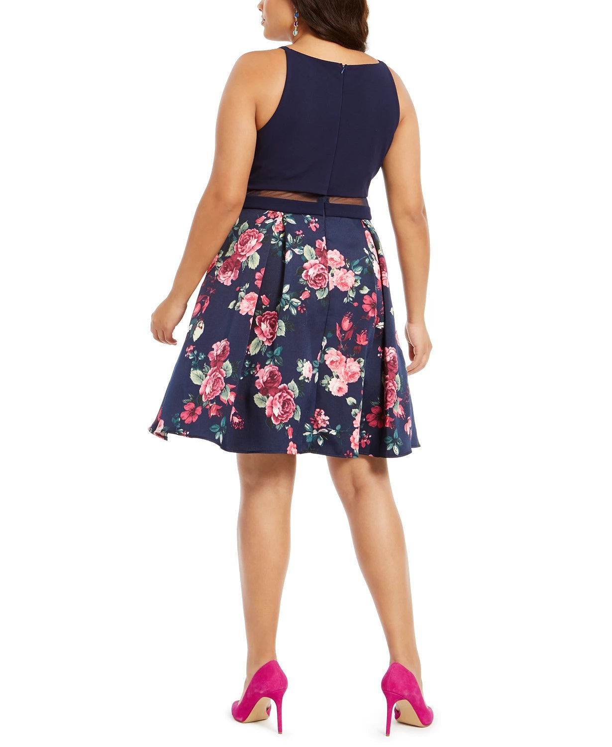 Vestido feminino B Darlin Plus Size com estampa floral Illusion Fit &amp; Flare, azul marinho, tamanho 20