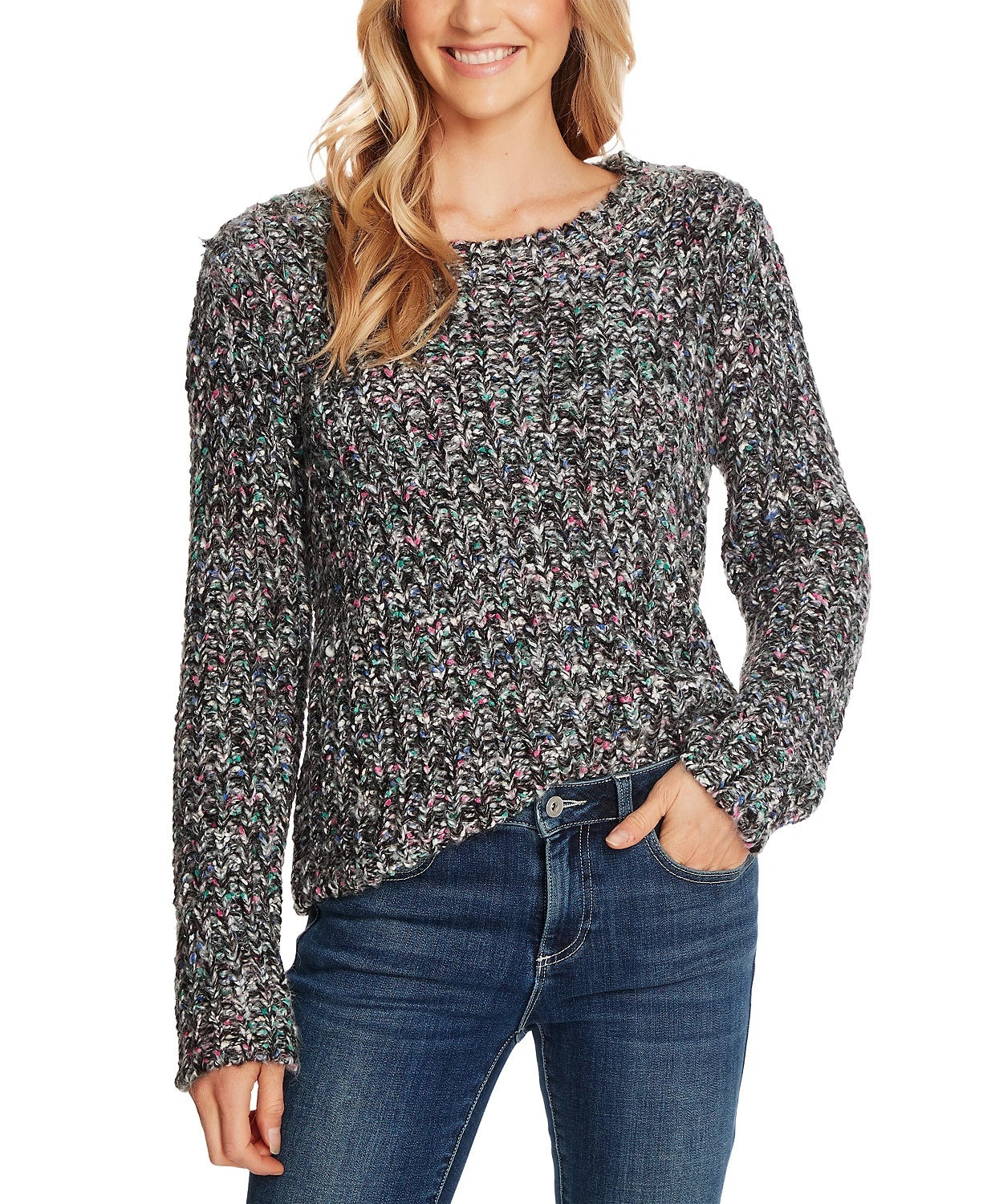 Suéter feminino Cece de manga comprida multicolorido com gola redonda, preto e cinza, tamanho médio