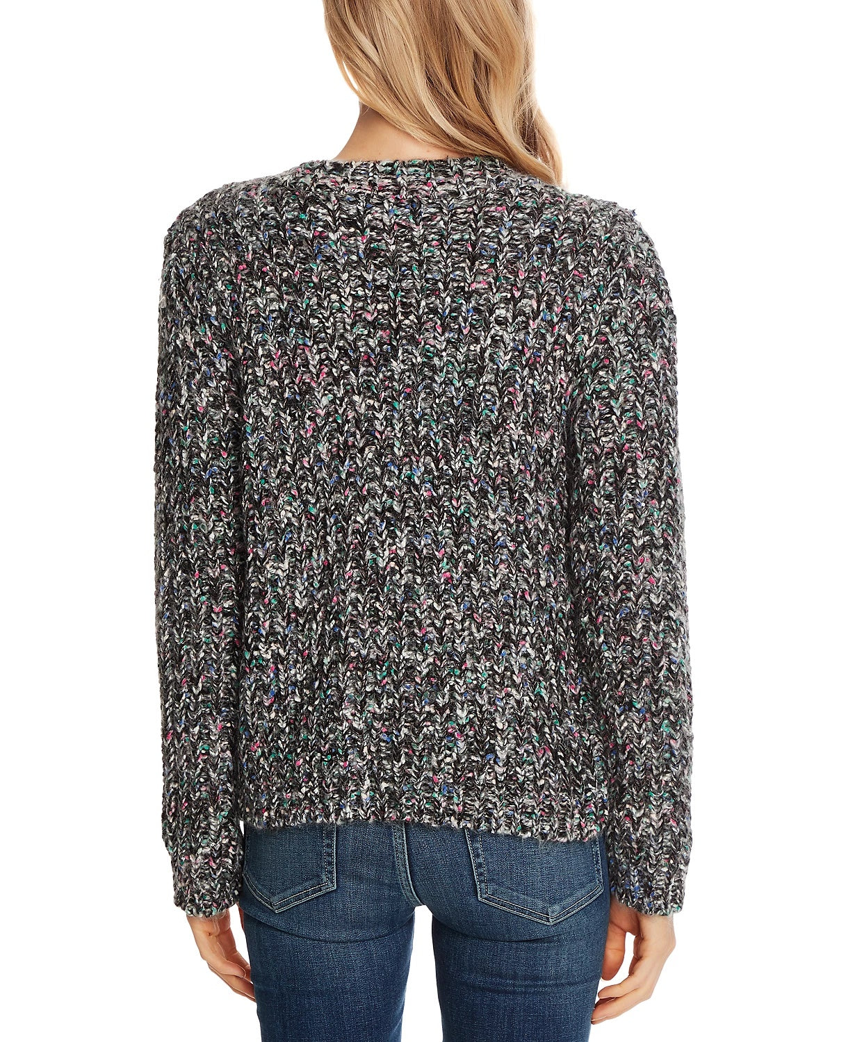 Suéter feminino Cece de manga comprida multicolorido com gola redonda, preto e cinza, tamanho médio