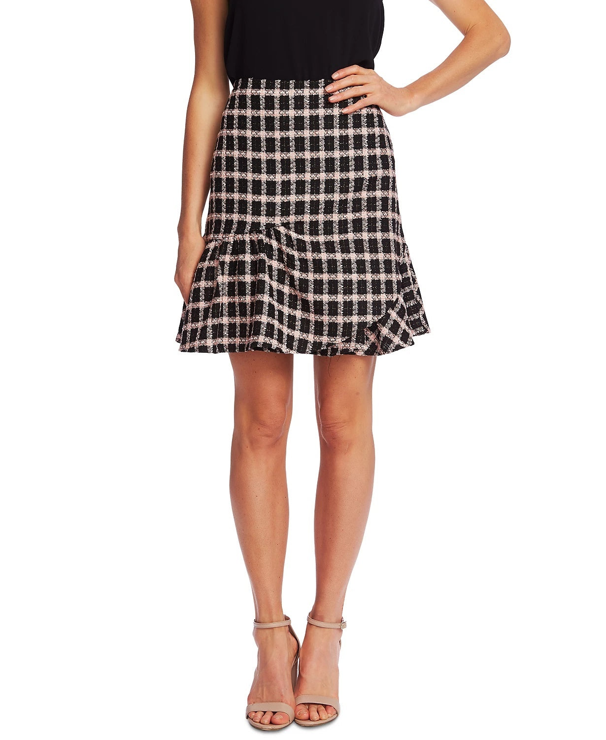 Saia feminina Cece Grid Tweed com babados assimétricos, preta, tamanho 8