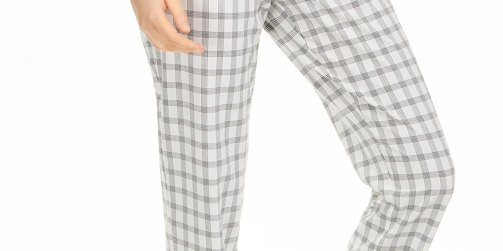 Calça xadrez feminina Danielle Bernstein com zíper, branca, tamanho 14