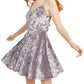 Vestido City Studios Juniors Glitter Crushed Velvet Fit &amp; Flare Cinza Tamanho 3