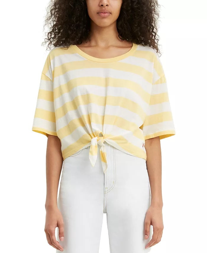 Camiseta feminina Levi's Fiona Cotton listrada com amarração frontal, amarela, tamanho pequeno