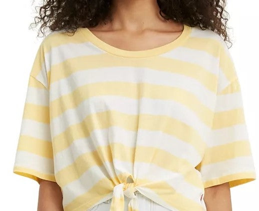 Camiseta feminina Levi's Fiona Cotton listrada com amarração frontal, amarela, tamanho pequeno