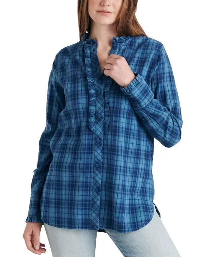 Camisa túnica xadrez com babados Audrey feminina Lucky Brand, azul, tamanho pequeno