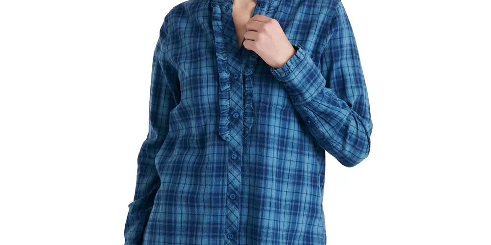 Camisa túnica xadrez com babados Audrey feminina Lucky Brand, azul, tamanho pequeno