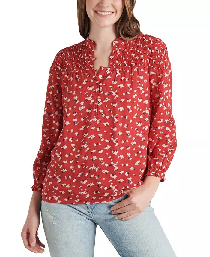 Blusa feminina Lucky Brand Gemma Smocked Yoke vermelha tamanho X-S